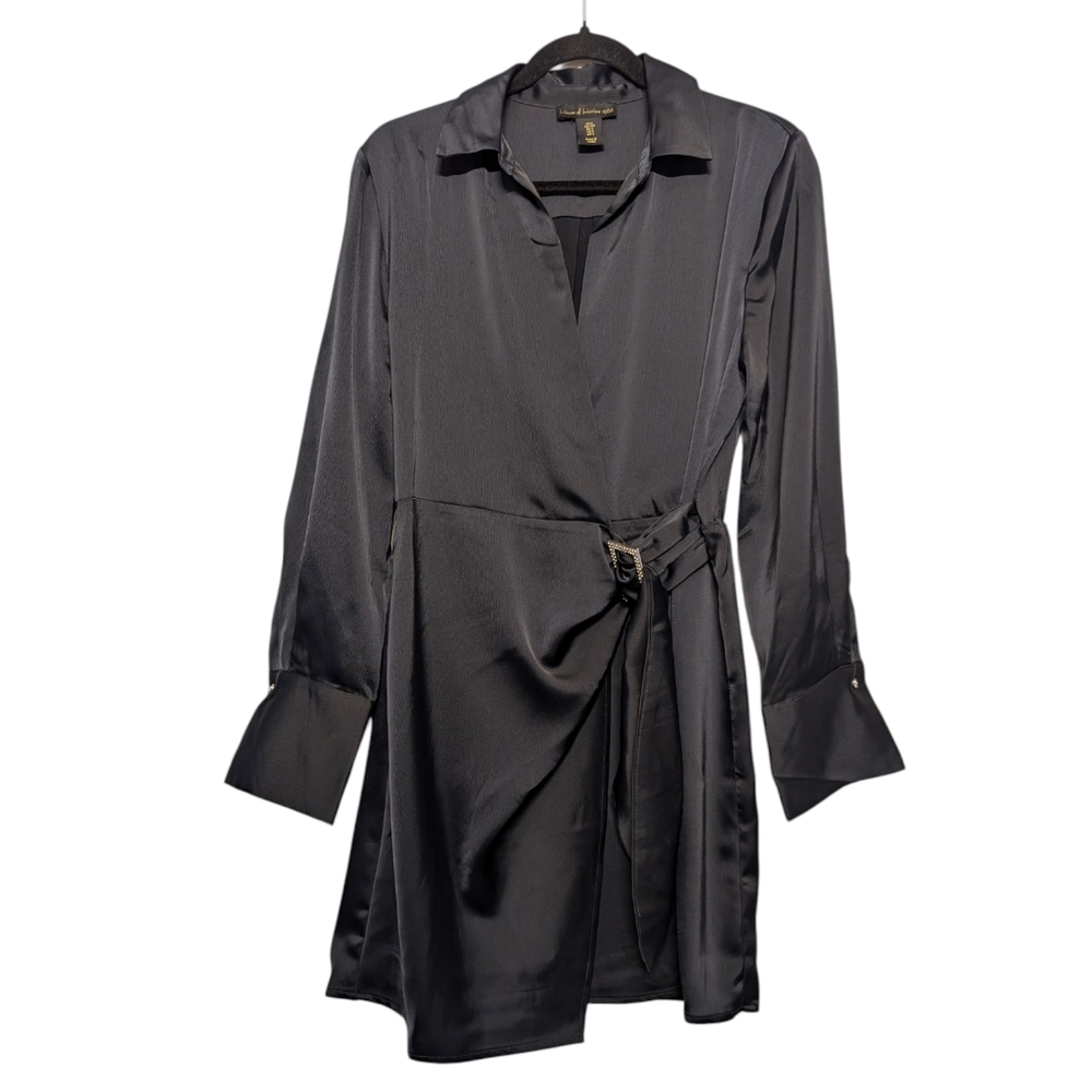 House of Harlow 1960 Black Satin Rhinestone Buckle Wrap Mini Dress | Size S - Picture 6 of 12